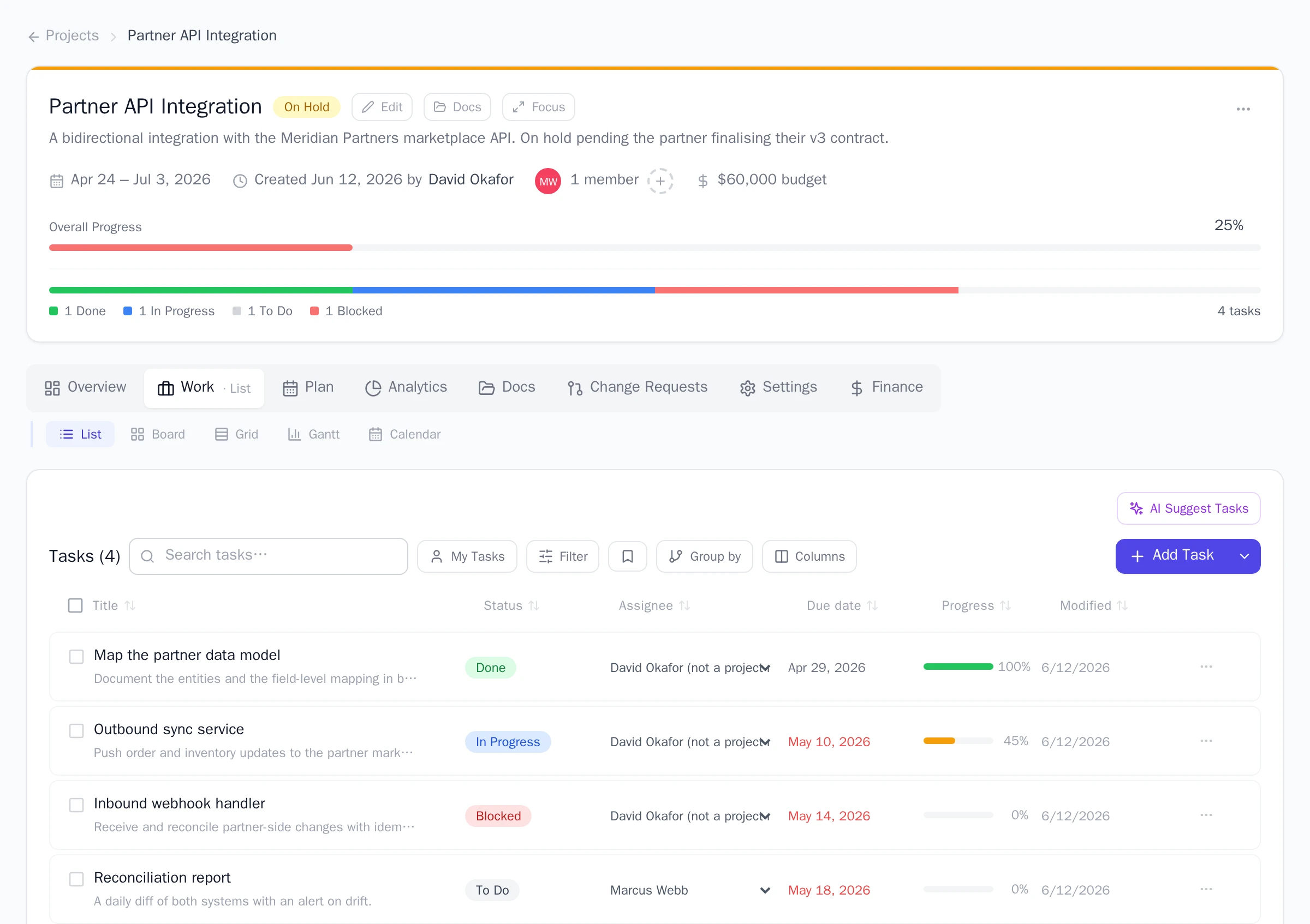 A project task list showing tasks with status badges, assignees, due dates, and progress bars, plus grouping and column controls and the Add Task button.