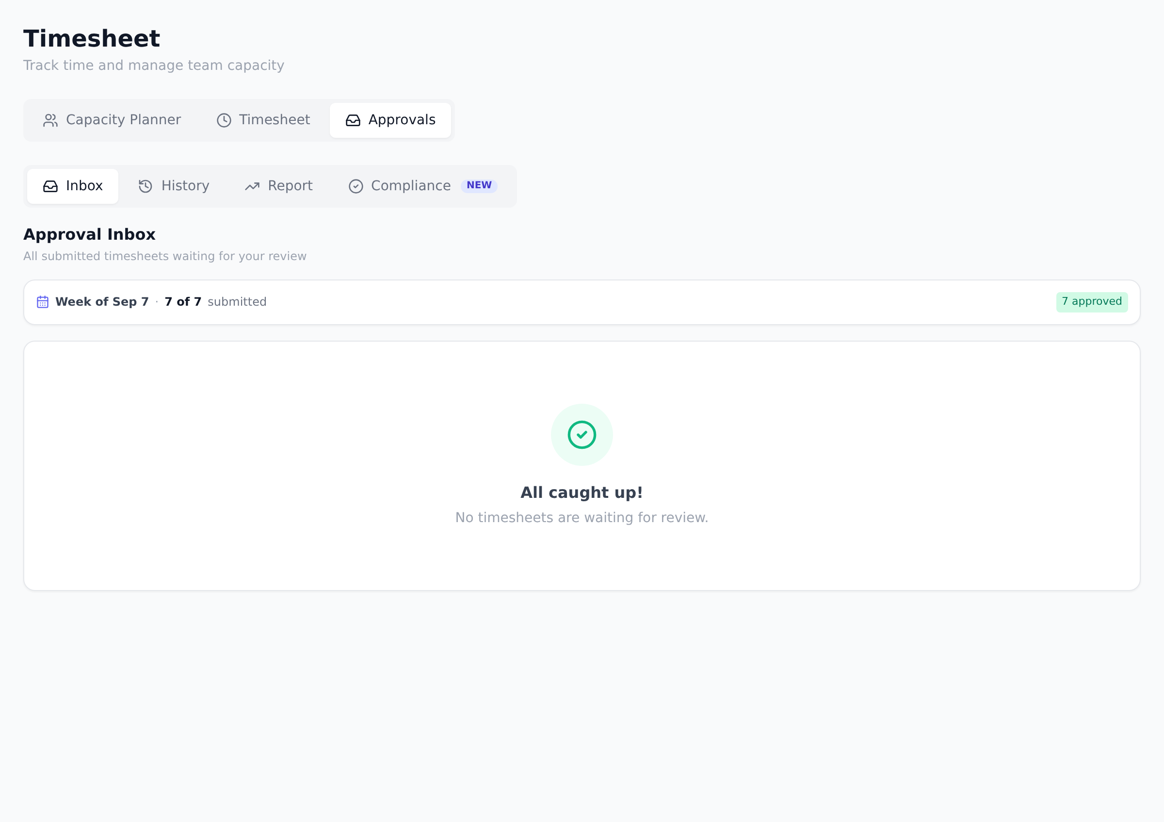 The timesheet Approval Inbox listing submitted weeks per person with entry details, Approve week and Return buttons, and a weekly submission tally.