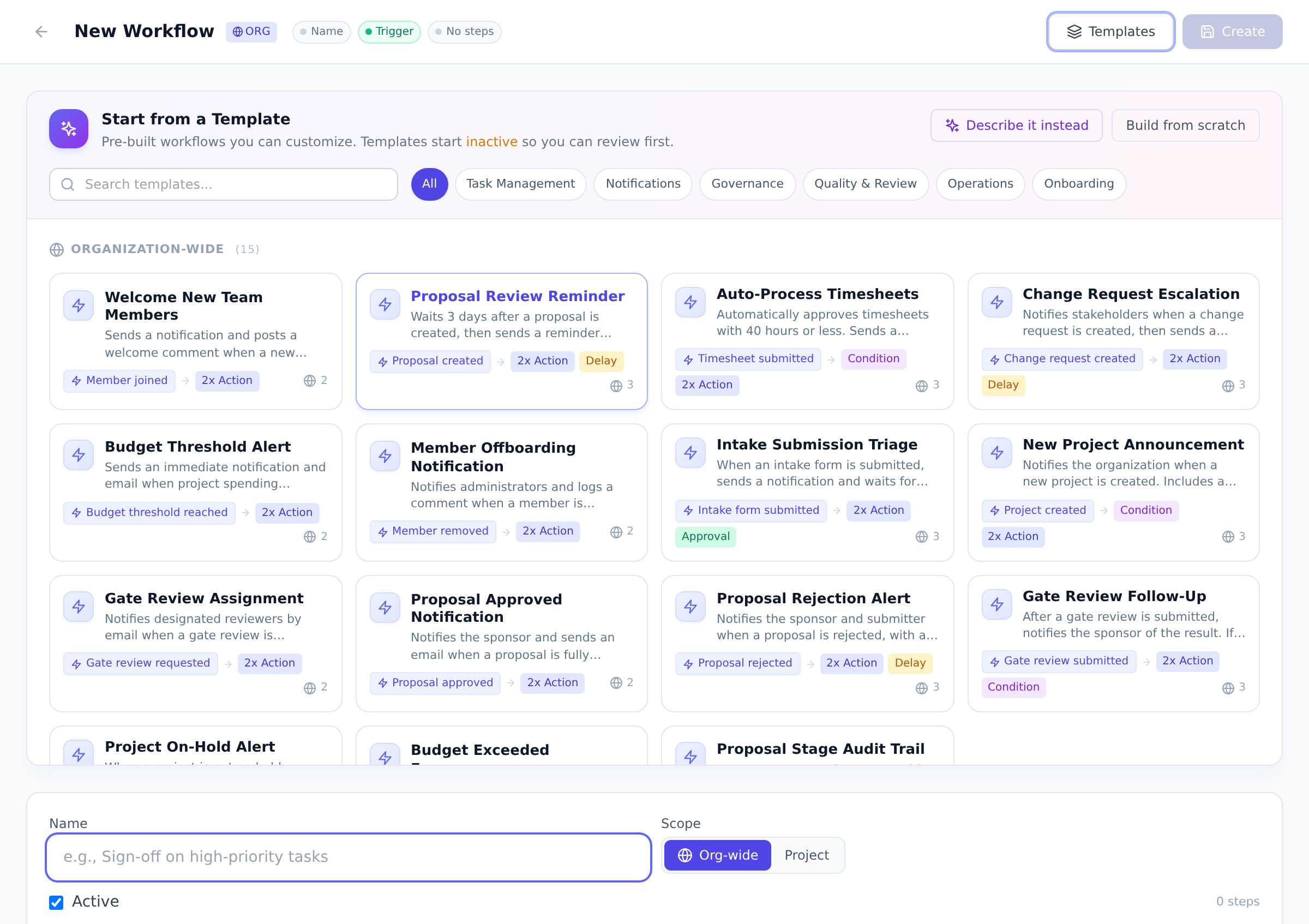 The New Workflow page showing the Start from a Template gallery with prebuilt org-wide workflows such as Proposal Review Reminder and Change Request Escalation, category filter chips, and a Build from scratch button.